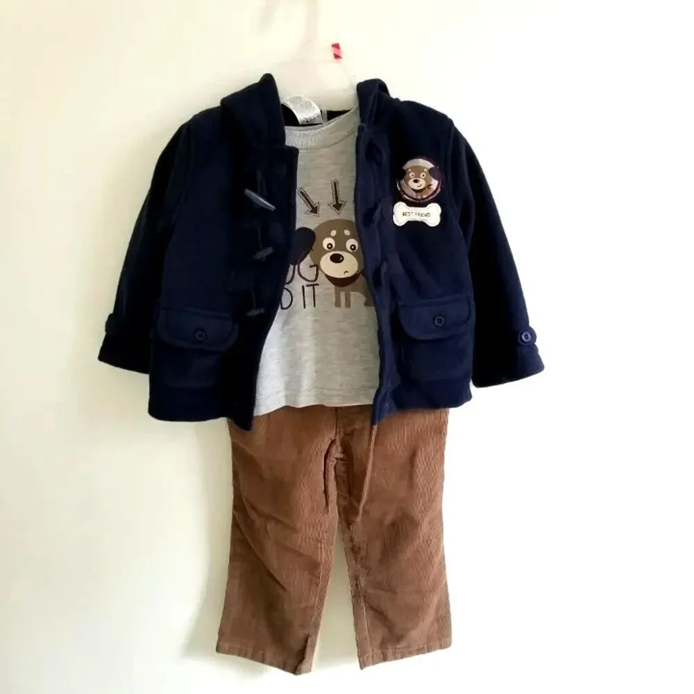 Boys Outfit 18M Hooded Jacket, Cord Pants, Long Sleeve T-Shirt Dog Graphic